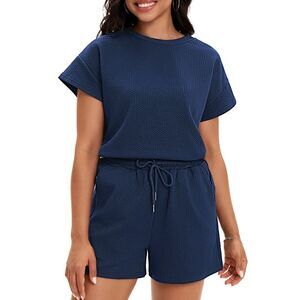 Lounge Sets 2 Piece Outfits Short Sleeve Tops Drawstring Short Sets Royal Blue